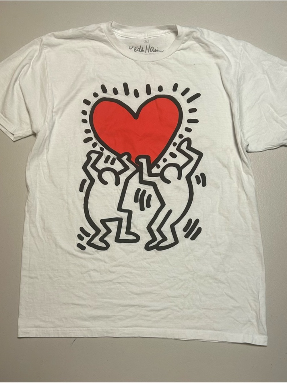 Ripple Junction Keith Haring White Tee with Black Outline and Red Heart